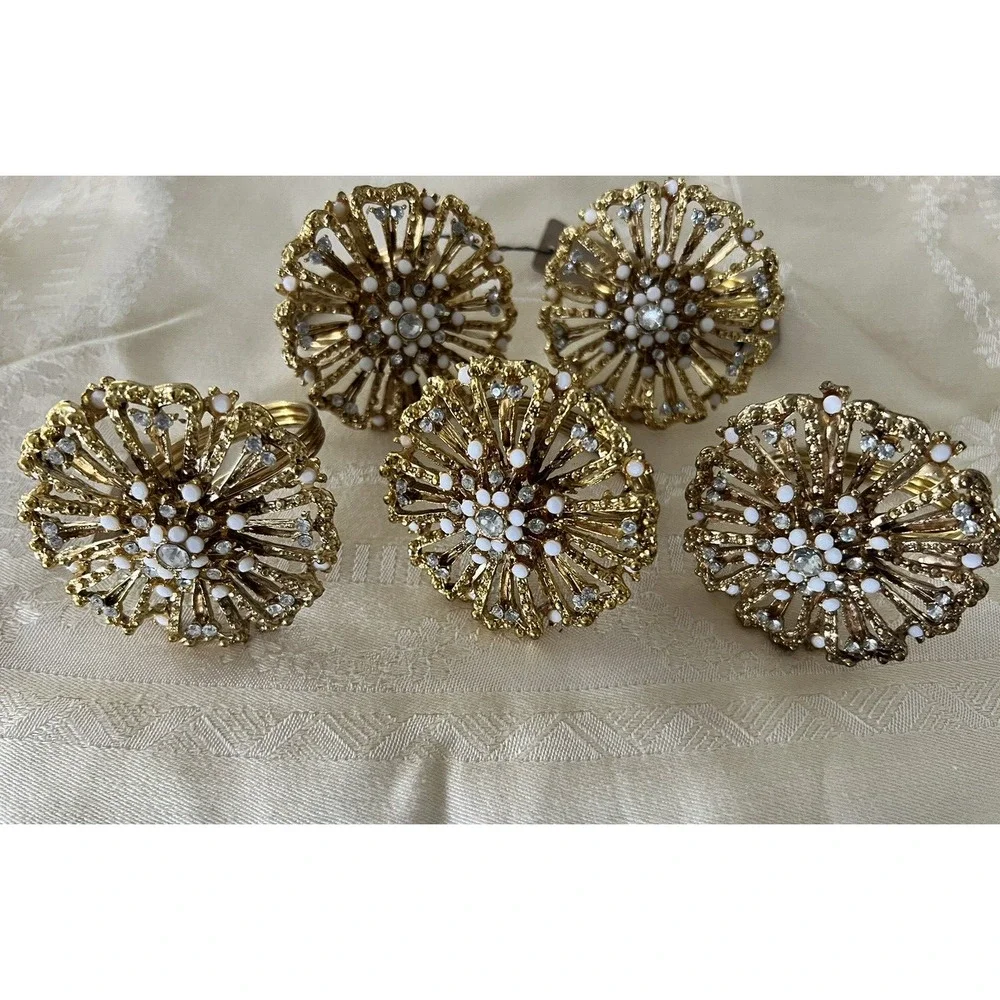 Pier 1 Napkin Rings Holders Jeweled Rhinestones & Beaded Set of 5 NWT Gold Plate